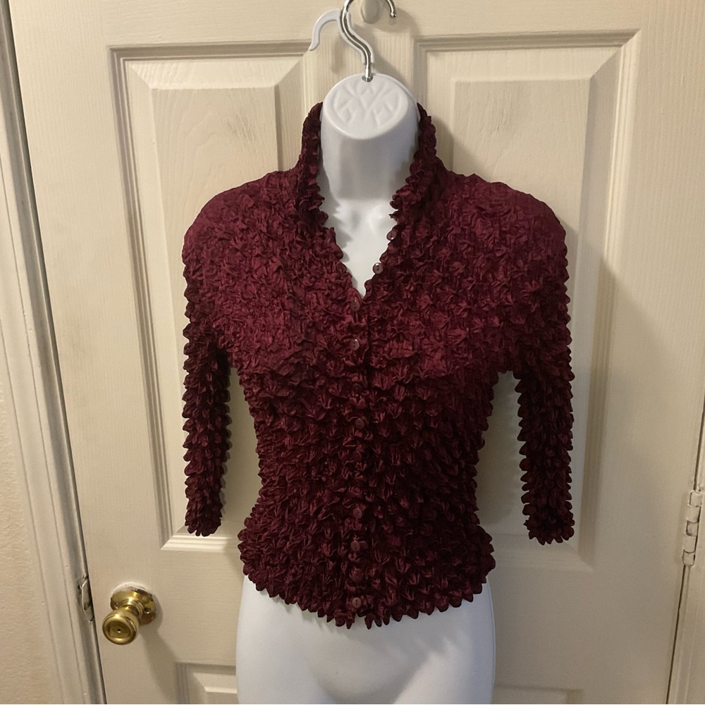 Y2K Burgundy Ruffled Button-Up Top